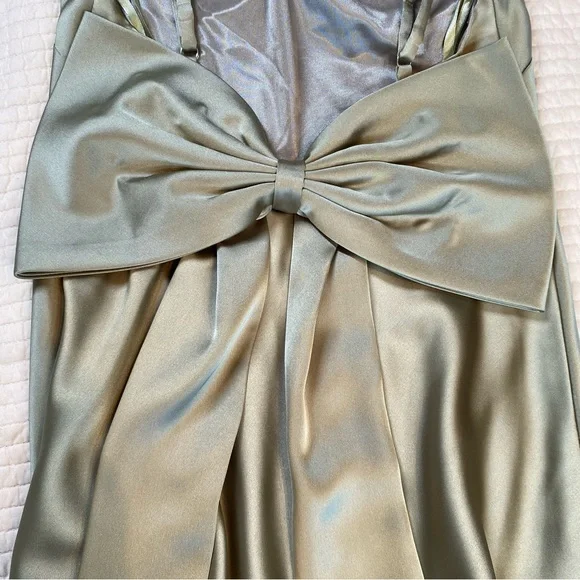 Revelry Steph Silver Sage Satin Front Slit Bow Back Long Dress Size 0 Prom Party - Picture 10 of 13